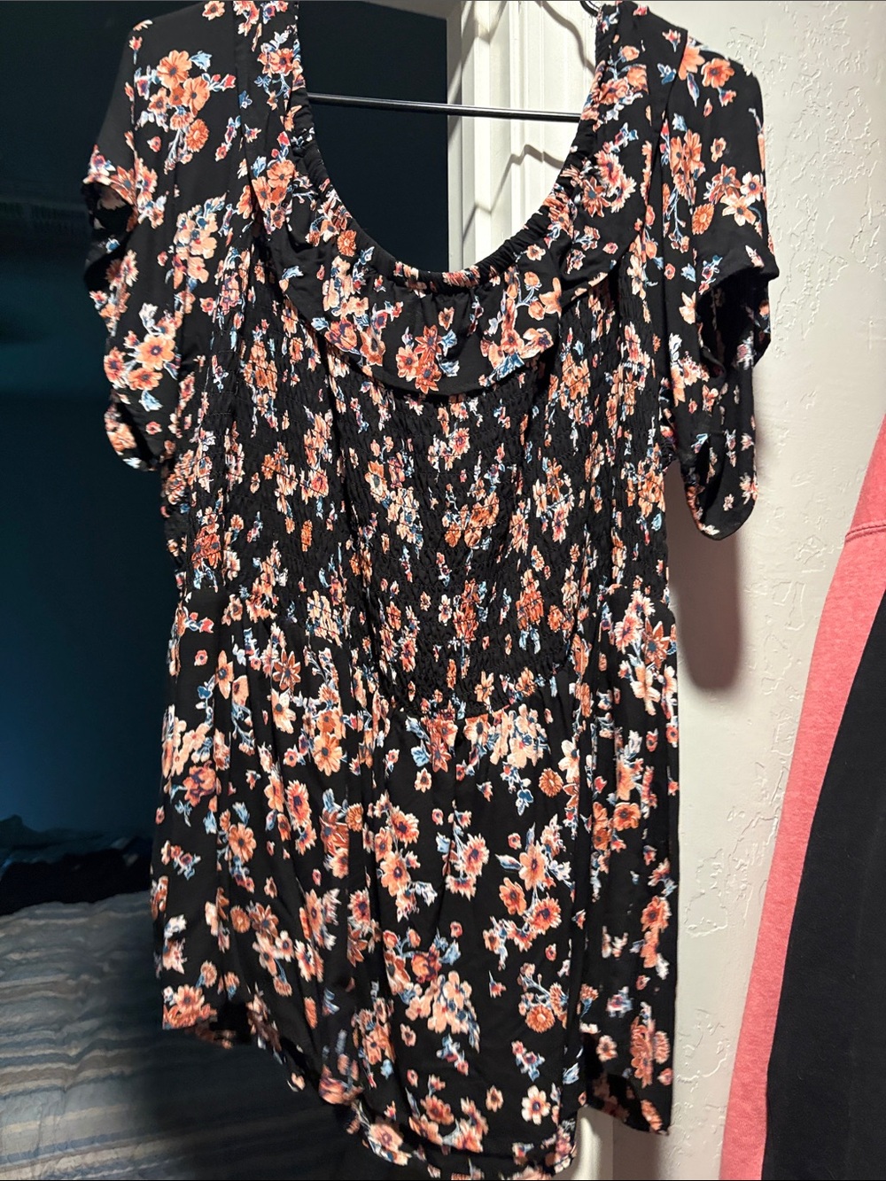 Maurices Black Floral Smocked Top with Peach and Blue Flowers